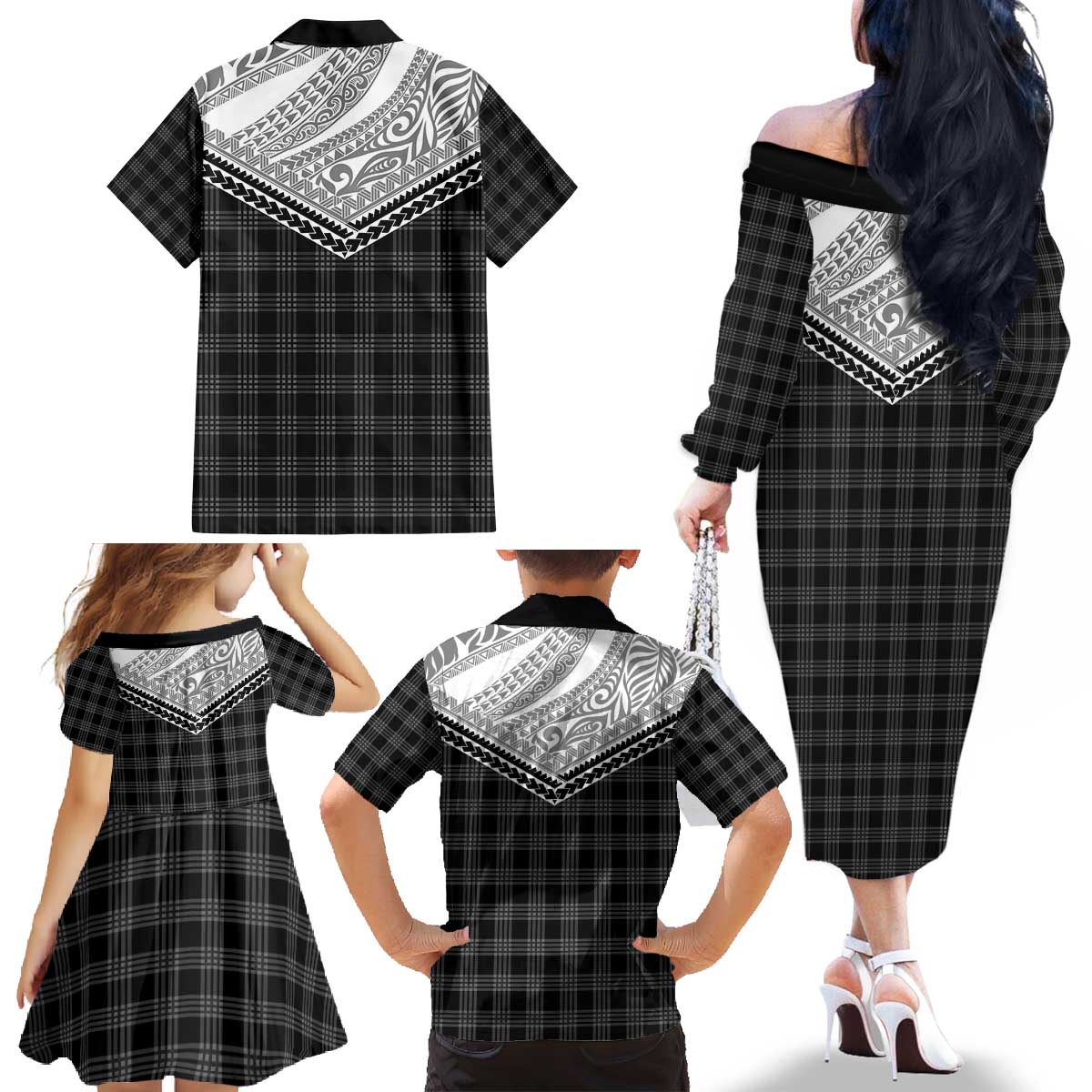Aloha Hawaii Cowboys Paniolo Family Matching Off The Shoulder Long Sleeve Dress and Hawaiian Shirt Black Palaka LT7 - Polynesian Pride