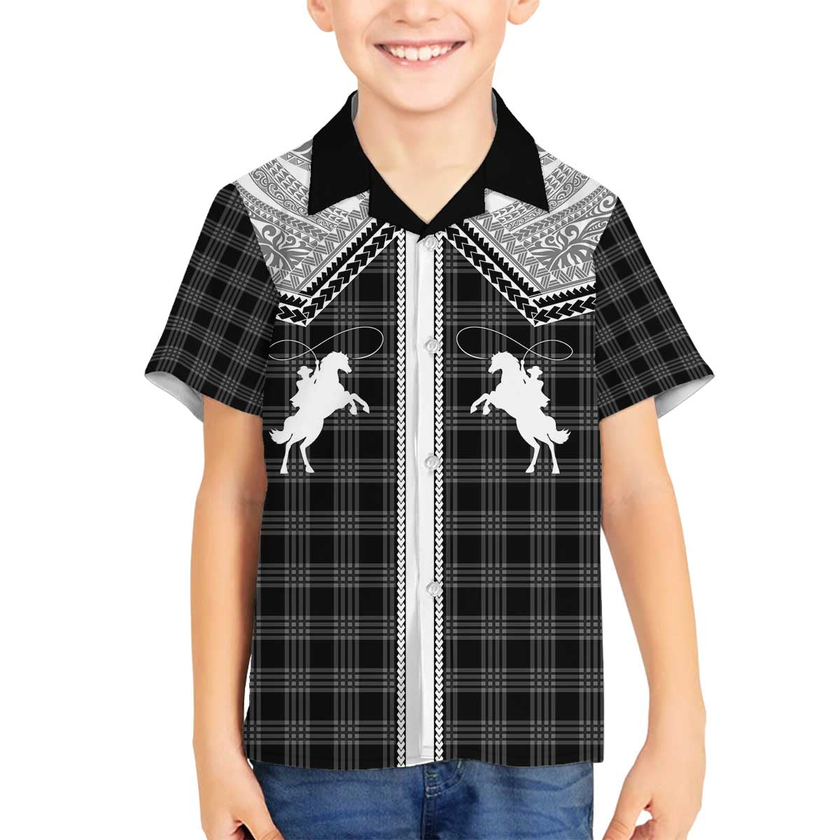 Aloha Hawaii Cowboys Paniolo Family Matching Off The Shoulder Long Sleeve Dress and Hawaiian Shirt Black Palaka LT7 Son's Shirt Black - Polynesian Pride