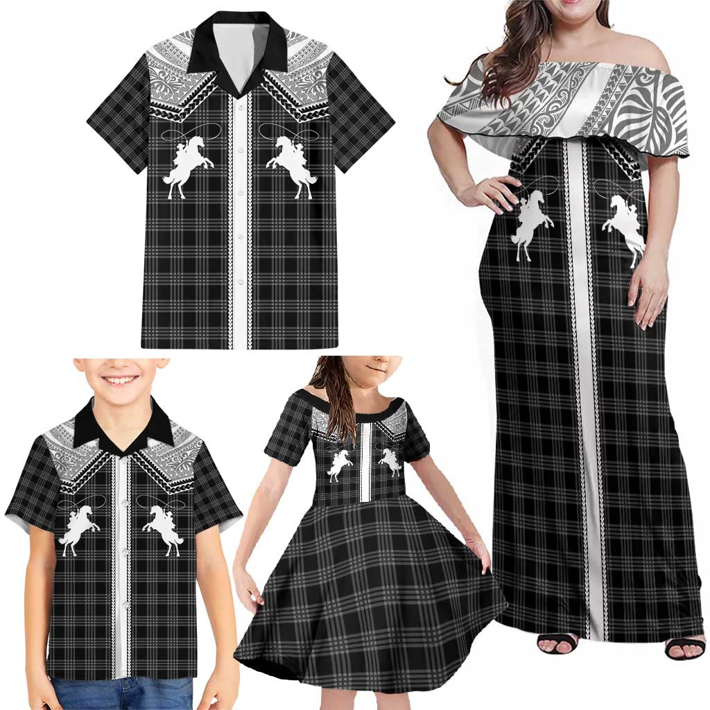 Aloha Hawaii Cowboys Paniolo Family Matching Off Shoulder Maxi Dress and Hawaiian Shirt Black Palaka LT7 - Polynesian Pride