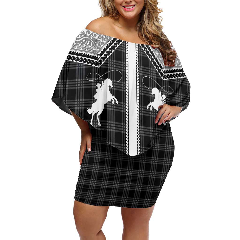 Aloha Hawaii Cowboys Paniolo Family Matching Off Shoulder Short Dress and Hawaiian Shirt Black Palaka LT7 Mom's Dress Black - Polynesian Pride