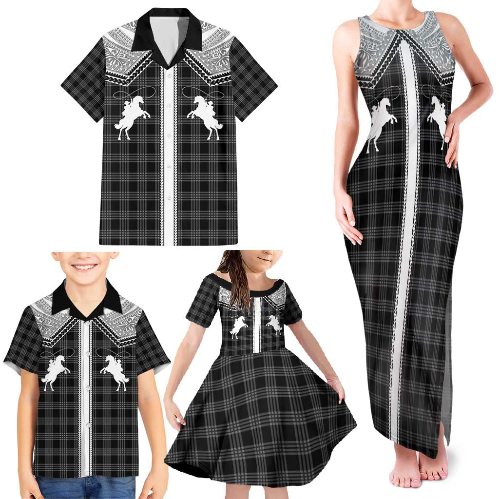 Aloha Hawaii Cowboys Paniolo Family Matching Tank Maxi Dress and Hawaiian Shirt Black Palaka LT7 - Polynesian Pride