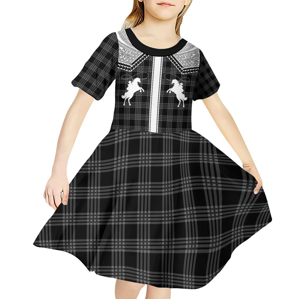 Aloha Hawaii Cowboys Paniolo Kid Short Sleeve Dress Black Palaka - Polynesian Pride