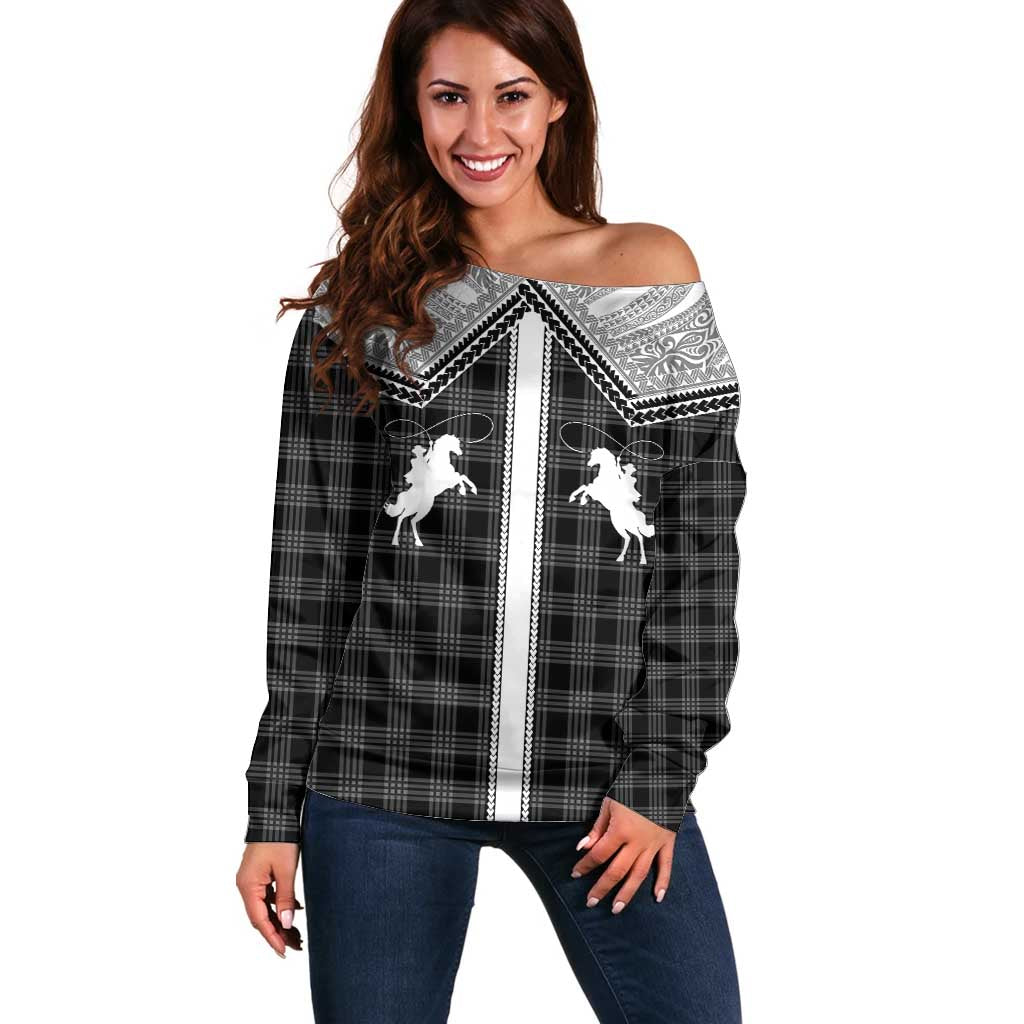 Aloha Hawaii Cowboys Paniolo Off Shoulder Sweater Black Palaka - Polynesian Pride