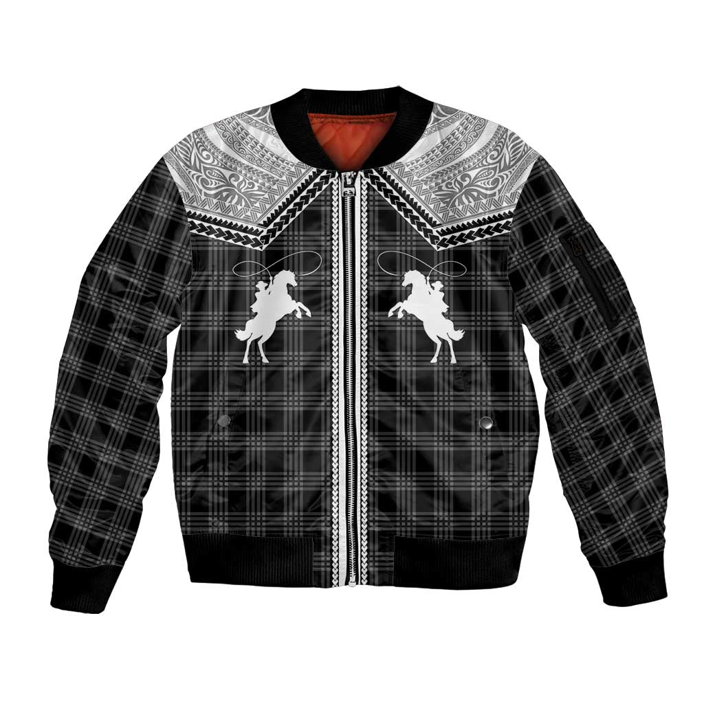 Aloha Hawaii Cowboys Paniolo Sleeve Zip Bomber Jacket Black Palaka - Polynesian Pride