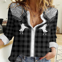 Aloha Hawaii Cowboys Paniolo Women Casual Shirt Black Palaka - Polynesian Pride