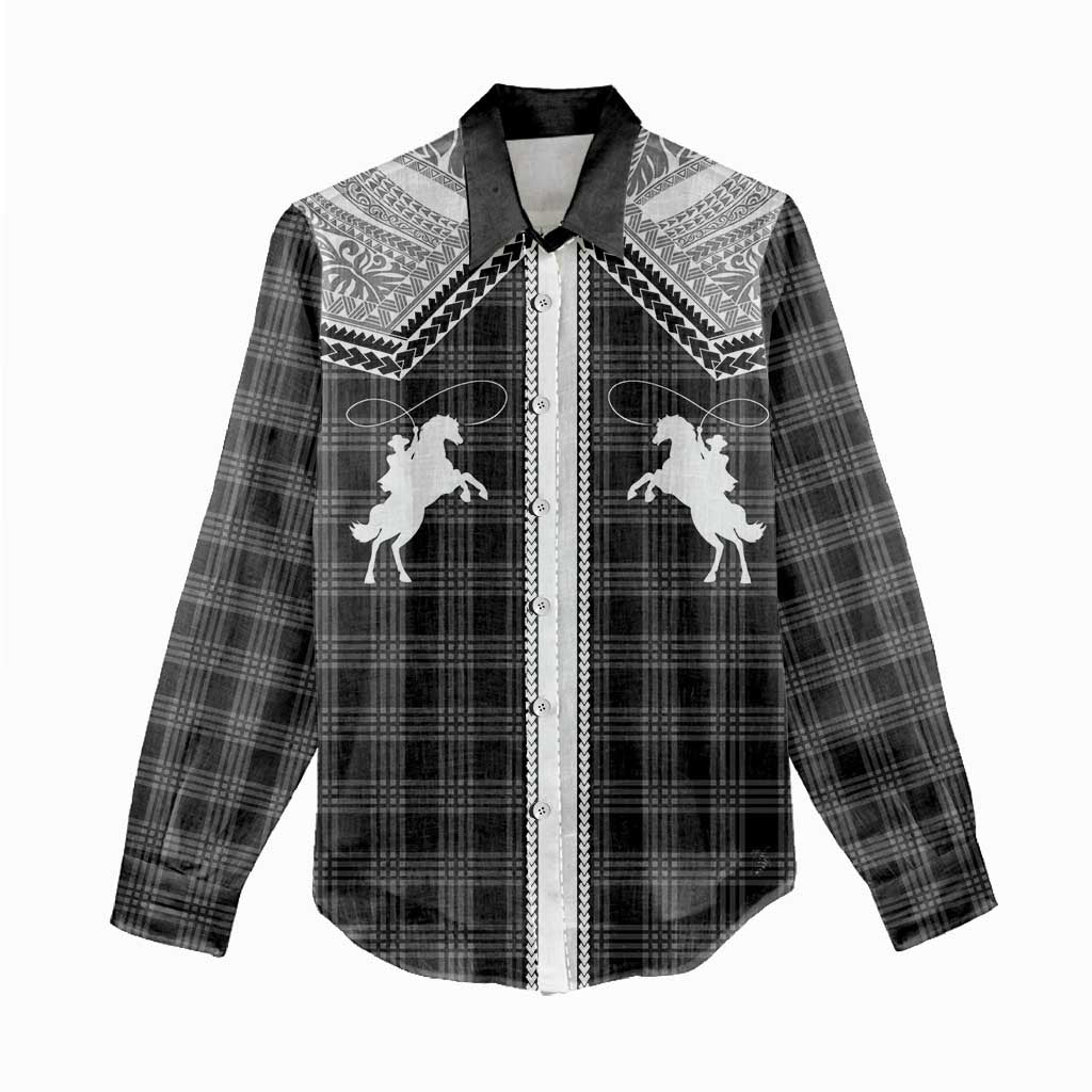 Aloha Hawaii Cowboys Paniolo Women Casual Shirt Black Palaka - Polynesian Pride