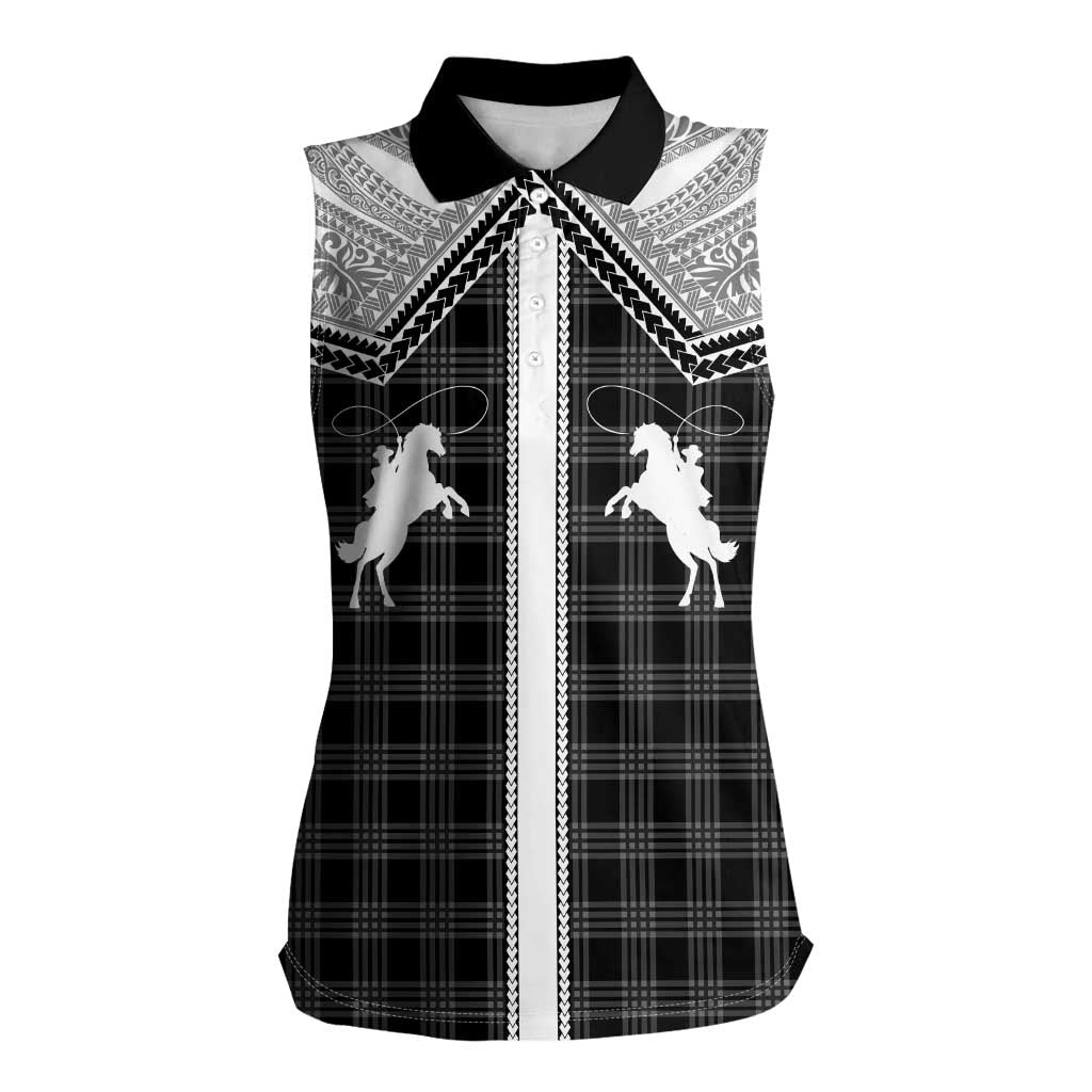 Aloha Hawaii Cowboys Paniolo Women Sleeveless Polo Shirt Black Palaka LT7 Female Black - Polynesian Pride