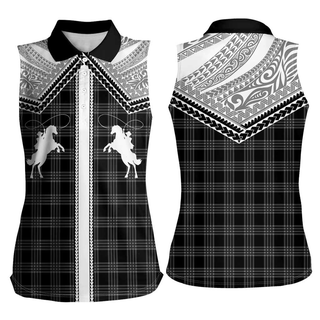Aloha Hawaii Cowboys Paniolo Women Sleeveless Polo Shirt Black Palaka LT7 - Polynesian Pride