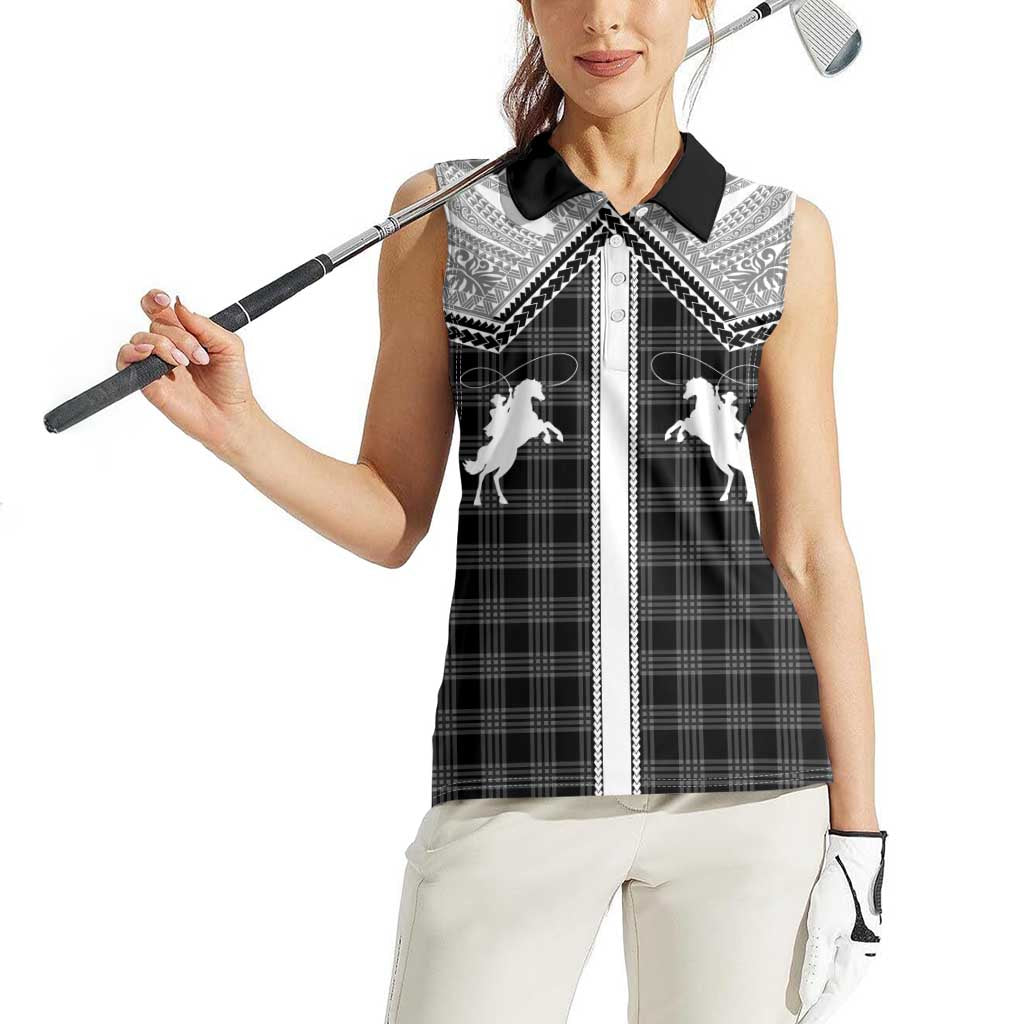 Aloha Hawaii Cowboys Paniolo Women Sleeveless Polo Shirt Black Palaka LT7 - Polynesian Pride