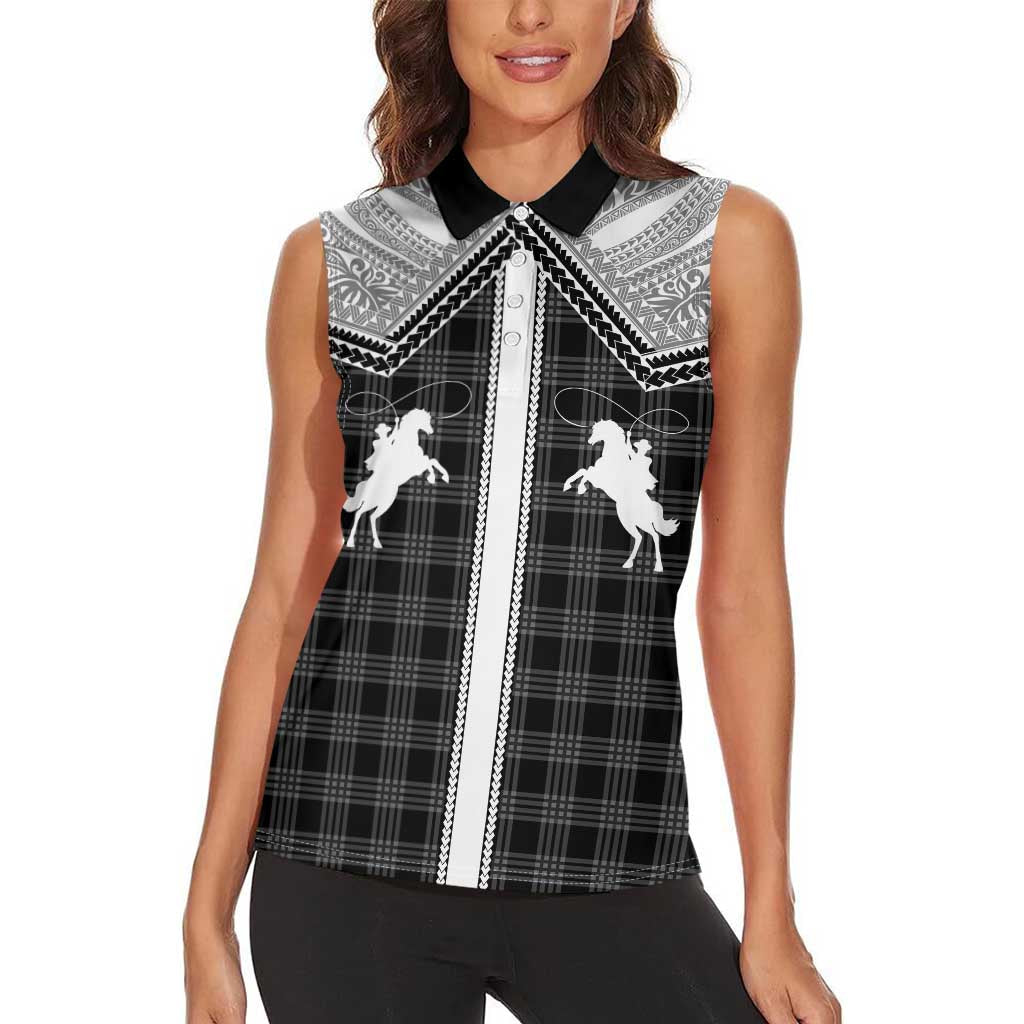 Aloha Hawaii Cowboys Paniolo Women Sleeveless Polo Shirt Black Palaka LT7 - Polynesian Pride