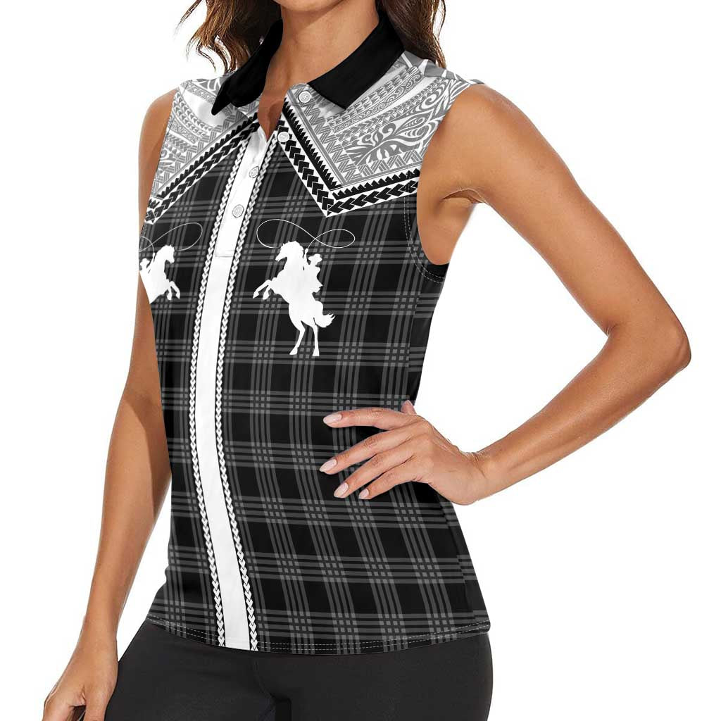 Aloha Hawaii Cowboys Paniolo Women Sleeveless Polo Shirt Black Palaka LT7 - Polynesian Pride