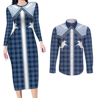 Aloha Hawaii Cowboys Paniolo Couples Matching Long Sleeve Bodycon Dress and Long Sleeve Button Shirt Navy Blue Palaka LT7 Navy - Polynesian Pride