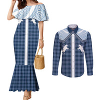 Aloha Hawaii Cowboys Paniolo Couples Matching Mermaid Dress and Long Sleeve Button Shirt Navy Blue Palaka LT7 Navy - Polynesian Pride