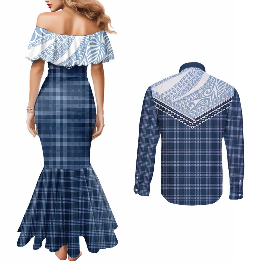 Aloha Hawaii Cowboys Paniolo Couples Matching Mermaid Dress and Long Sleeve Button Shirt Navy Blue Palaka LT7 - Polynesian Pride