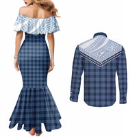 Aloha Hawaii Cowboys Paniolo Couples Matching Mermaid Dress and Long Sleeve Button Shirt Navy Blue Palaka LT7 - Polynesian Pride