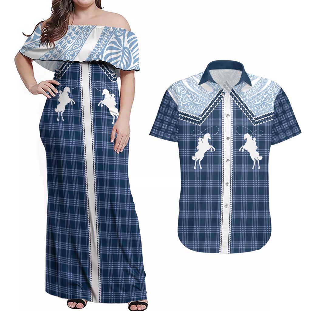 Aloha Hawaii Cowboys Paniolo Couples Matching Off Shoulder Maxi Dress and Hawaiian Shirt Navy Blue Palaka LT7 Navy - Polynesian Pride