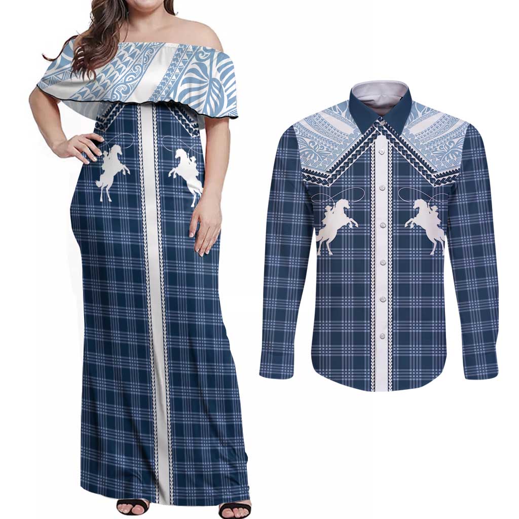 Aloha Hawaii Cowboys Paniolo Couples Matching Off Shoulder Maxi Dress and Long Sleeve Button Shirt Navy Blue Palaka LT7 Navy - Polynesian Pride