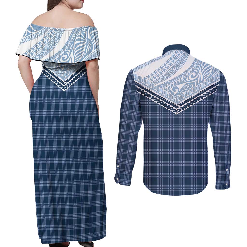 Aloha Hawaii Cowboys Paniolo Couples Matching Off Shoulder Maxi Dress and Long Sleeve Button Shirt Navy Blue Palaka LT7 - Polynesian Pride