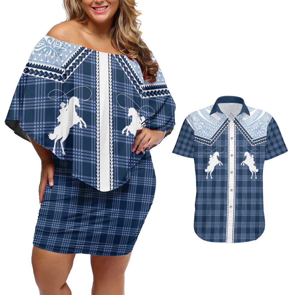 Aloha Hawaii Cowboys Paniolo Couples Matching Off Shoulder Short Dress and Hawaiian Shirt Navy Blue Palaka LT7 Navy - Polynesian Pride