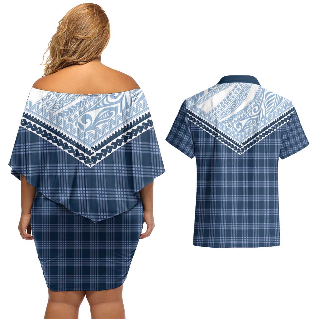 Aloha Hawaii Cowboys Paniolo Couples Matching Off Shoulder Short Dress and Hawaiian Shirt Navy Blue Palaka LT7 - Polynesian Pride