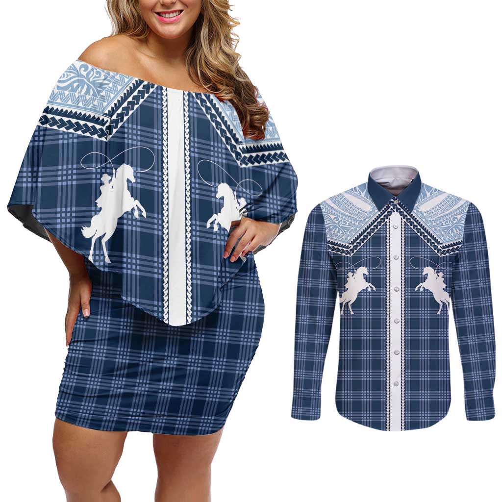 Aloha Hawaii Cowboys Paniolo Couples Matching Off Shoulder Short Dress and Long Sleeve Button Shirt Navy Blue Palaka LT7 Navy - Polynesian Pride