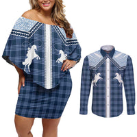 Aloha Hawaii Cowboys Paniolo Couples Matching Off Shoulder Short Dress and Long Sleeve Button Shirt Navy Blue Palaka LT7 Navy - Polynesian Pride