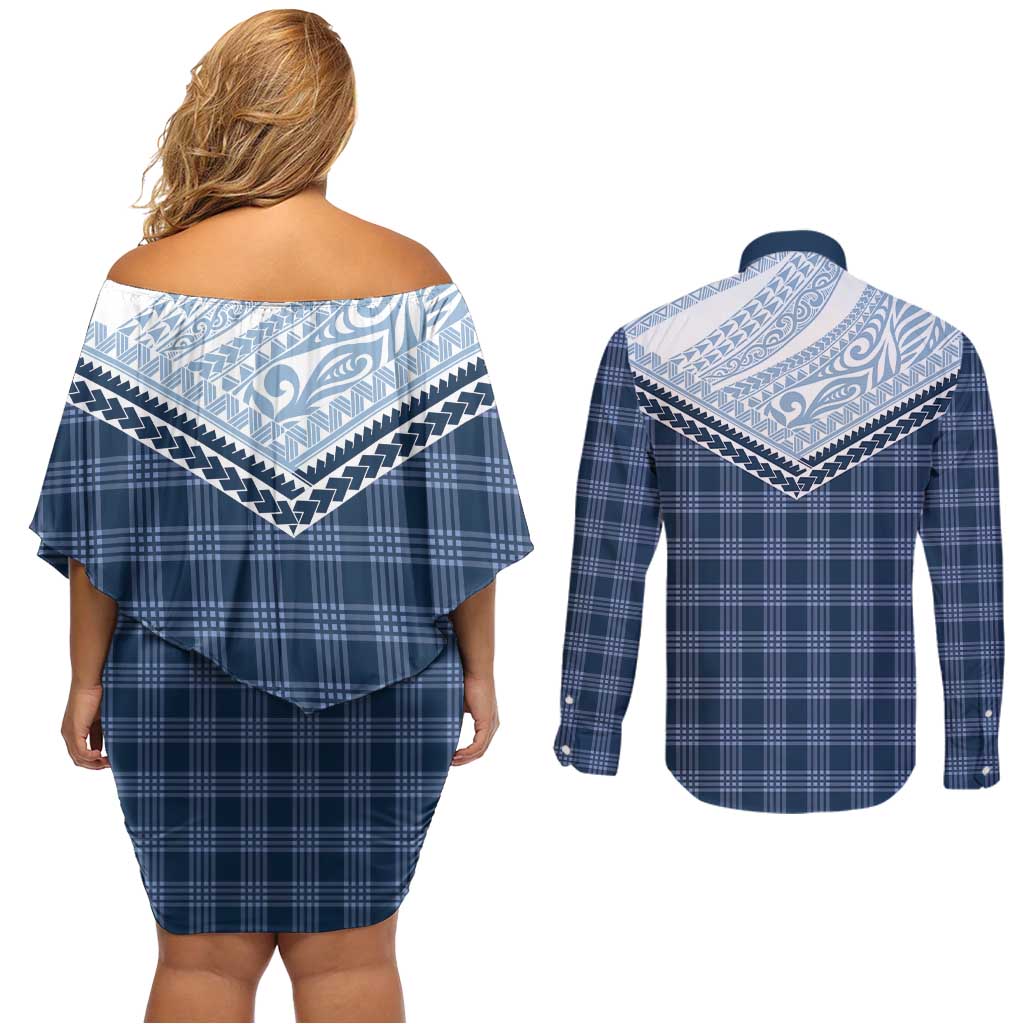 Aloha Hawaii Cowboys Paniolo Couples Matching Off Shoulder Short Dress and Long Sleeve Button Shirt Navy Blue Palaka LT7 - Polynesian Pride