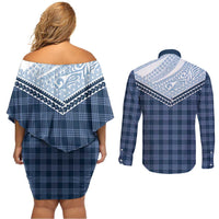 Aloha Hawaii Cowboys Paniolo Couples Matching Off Shoulder Short Dress and Long Sleeve Button Shirt Navy Blue Palaka LT7 - Polynesian Pride