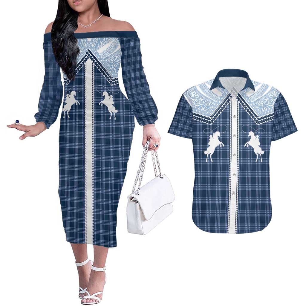 Aloha Hawaii Cowboys Paniolo Couples Matching Off The Shoulder Long Sleeve Dress and Hawaiian Shirt Navy Blue Palaka - Polynesian Pride
