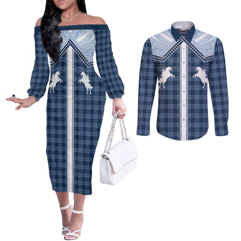 Aloha Hawaii Cowboys Paniolo Couples Matching Off The Shoulder Long Sleeve Dress and Long Sleeve Button Shirt Navy Blue Palaka - Polynesian Pride