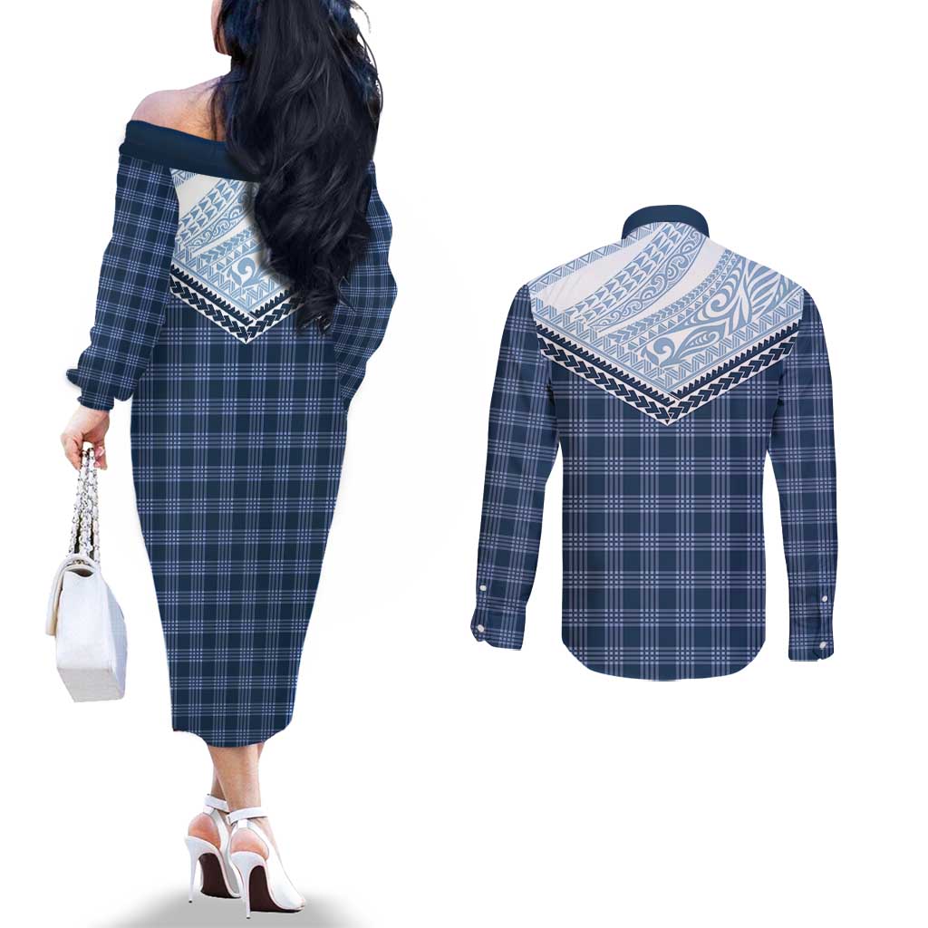 Aloha Hawaii Cowboys Paniolo Couples Matching Off The Shoulder Long Sleeve Dress and Long Sleeve Button Shirt Navy Blue Palaka LT7 - Polynesian Pride