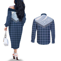 Aloha Hawaii Cowboys Paniolo Couples Matching Off The Shoulder Long Sleeve Dress and Long Sleeve Button Shirt Navy Blue Palaka LT7 - Polynesian Pride