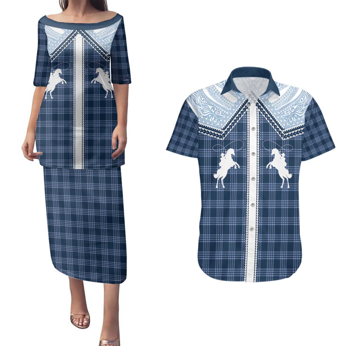 Aloha Hawaii Cowboys Paniolo Couples Matching Puletasi and Hawaiian Shirt Navy Blue Palaka LT7 Navy - Polynesian Pride