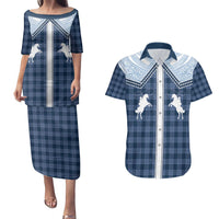 Aloha Hawaii Cowboys Paniolo Couples Matching Puletasi and Hawaiian Shirt Navy Blue Palaka LT7 Navy - Polynesian Pride