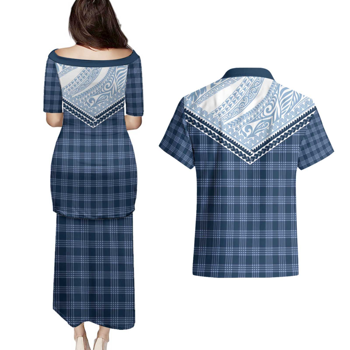 Aloha Hawaii Cowboys Paniolo Couples Matching Puletasi and Hawaiian Shirt Navy Blue Palaka LT7 - Polynesian Pride