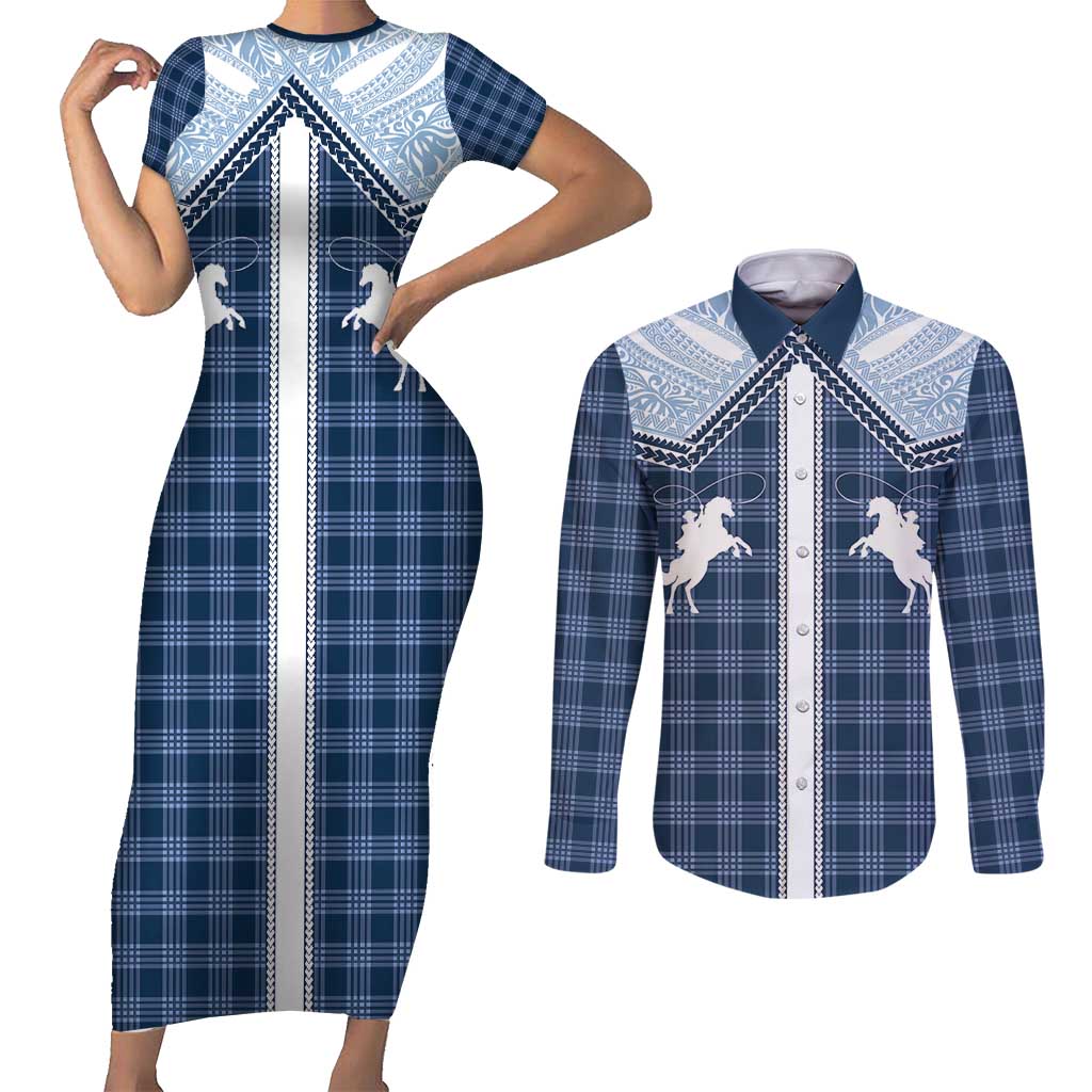 Aloha Hawaii Cowboys Paniolo Couples Matching Short Sleeve Bodycon Dress and Long Sleeve Button Shirt Navy Blue Palaka LT7 Navy - Polynesian Pride