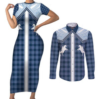 Aloha Hawaii Cowboys Paniolo Couples Matching Short Sleeve Bodycon Dress and Long Sleeve Button Shirt Navy Blue Palaka LT7 Navy - Polynesian Pride