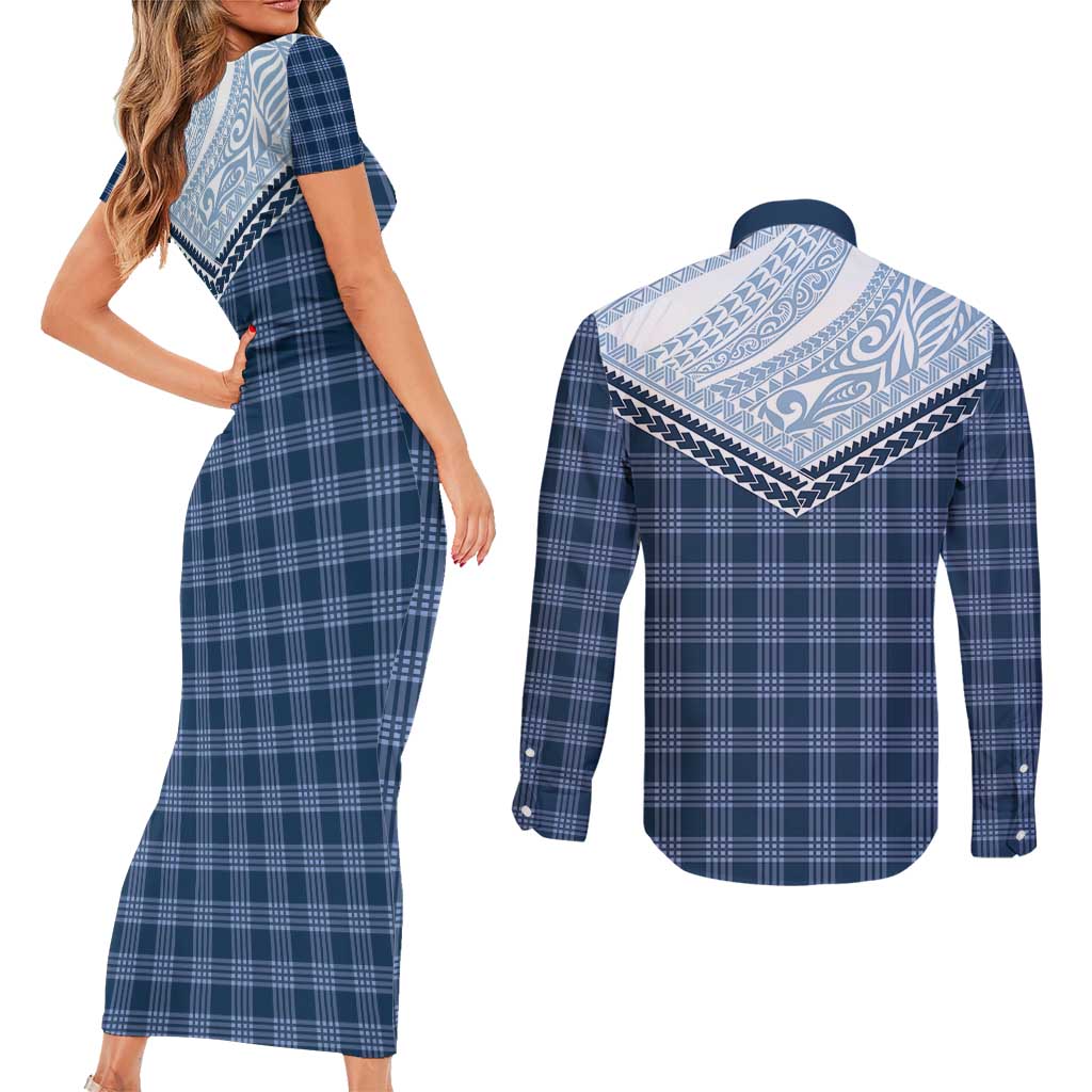 Aloha Hawaii Cowboys Paniolo Couples Matching Short Sleeve Bodycon Dress and Long Sleeve Button Shirt Navy Blue Palaka LT7 - Polynesian Pride