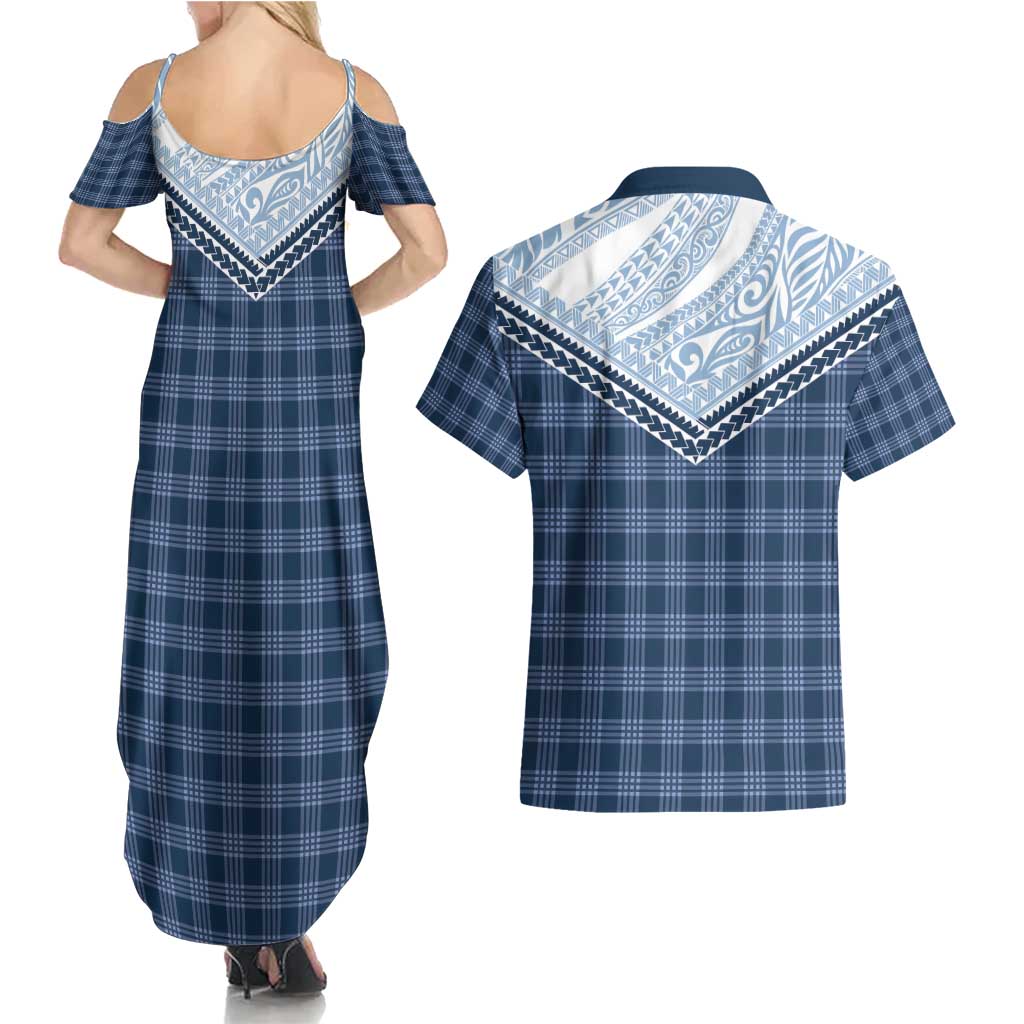 Aloha Hawaii Cowboys Paniolo Couples Matching Summer Maxi Dress and Hawaiian Shirt Navy Blue Palaka LT7 - Polynesian Pride