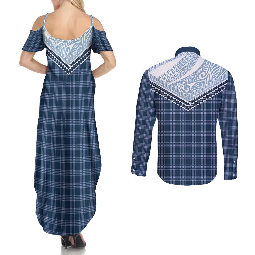 Aloha Hawaii Cowboys Paniolo Couples Matching Summer Maxi Dress and Long Sleeve Button Shirt Navy Blue Palaka LT7 - Polynesian Pride