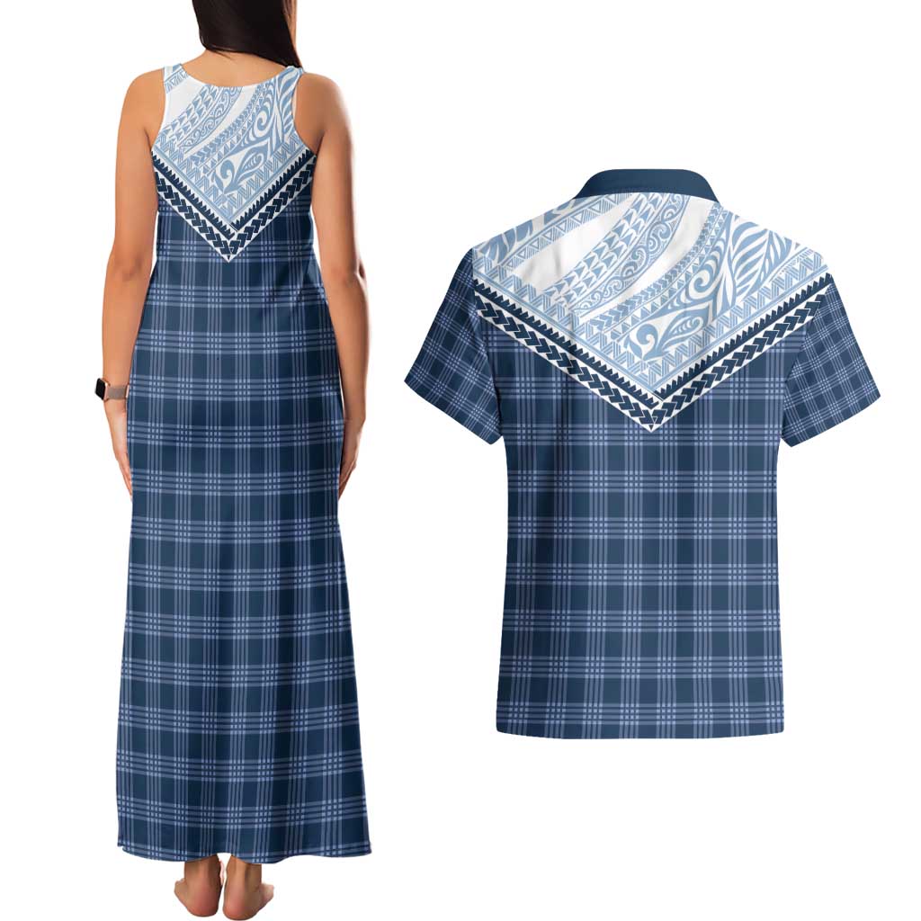 Aloha Hawaii Cowboys Paniolo Couples Matching Tank Maxi Dress and Hawaiian Shirt Navy Blue Palaka LT7 - Polynesian Pride