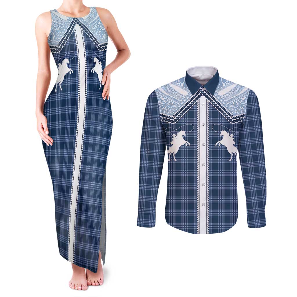 Aloha Hawaii Cowboys Paniolo Couples Matching Tank Maxi Dress and Long Sleeve Button Shirt Navy Blue Palaka LT7 Navy - Polynesian Pride