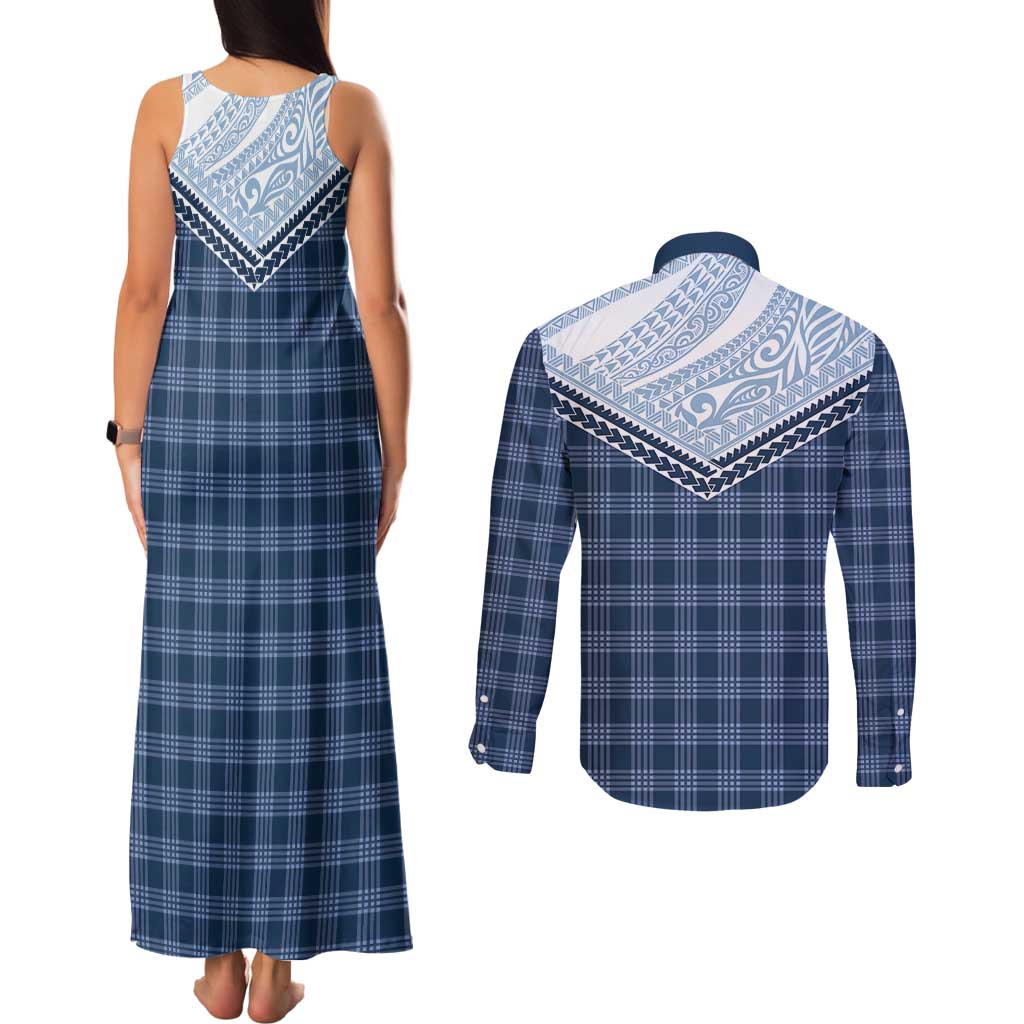 Aloha Hawaii Cowboys Paniolo Couples Matching Tank Maxi Dress and Long Sleeve Button Shirt Navy Blue Palaka LT7 - Polynesian Pride