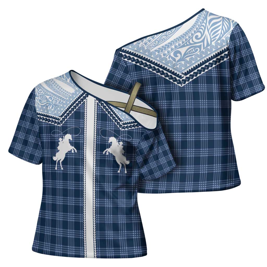 Aloha Hawaii Cowboys Paniolo Cross Shoulder Shirt Navy Blue Palaka - Polynesian Pride