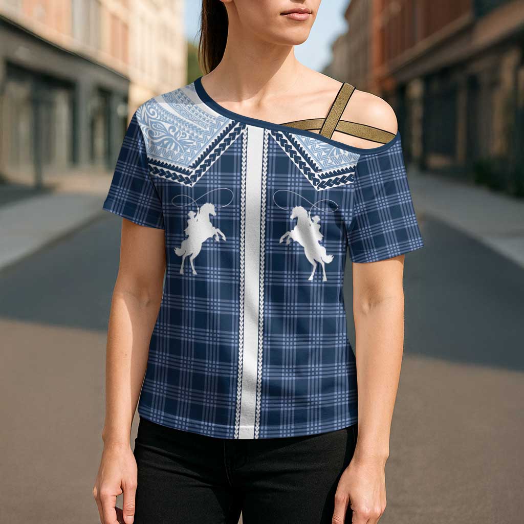 Aloha Hawaii Cowboys Paniolo Cross Shoulder Shirt Navy Blue Palaka - Polynesian Pride