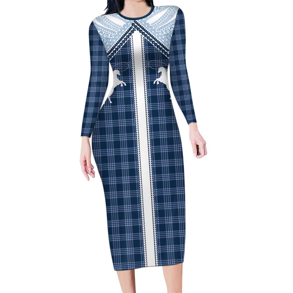 Aloha Hawaii Cowboys Paniolo Family Matching Long Sleeve Bodycon Dress and Hawaiian Shirt Navy Blue Palaka LT7 Mom's Dress Navy - Polynesian Pride
