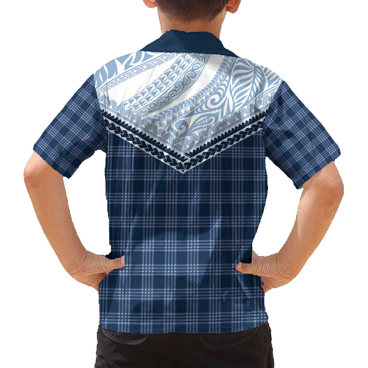 Aloha Hawaii Cowboys Paniolo Family Matching Off The Shoulder Long Sleeve Dress and Hawaiian Shirt Navy Blue Palaka LT7 - Polynesian Pride
