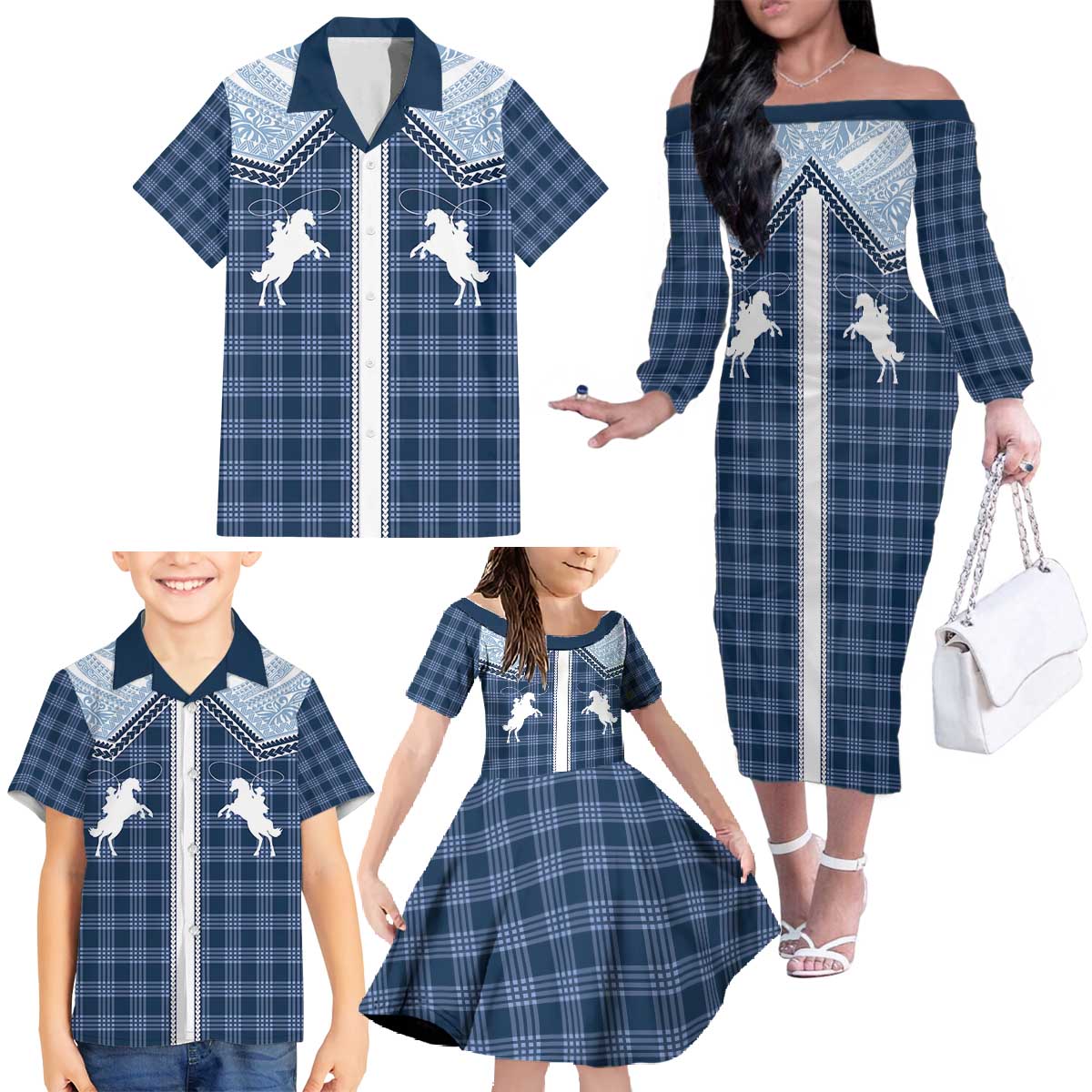 Aloha Hawaii Cowboys Paniolo Family Matching Off The Shoulder Long Sleeve Dress and Hawaiian Shirt Navy Blue Palaka LT7 - Polynesian Pride