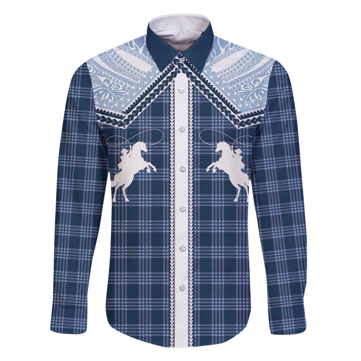 Aloha Hawaii Cowboys Paniolo Family Matching Off The Shoulder Long Sleeve Dress and Hawaiian Shirt Navy Blue Palaka LT7 Dad's Shirt - Long Sleeve Navy - Polynesian Pride