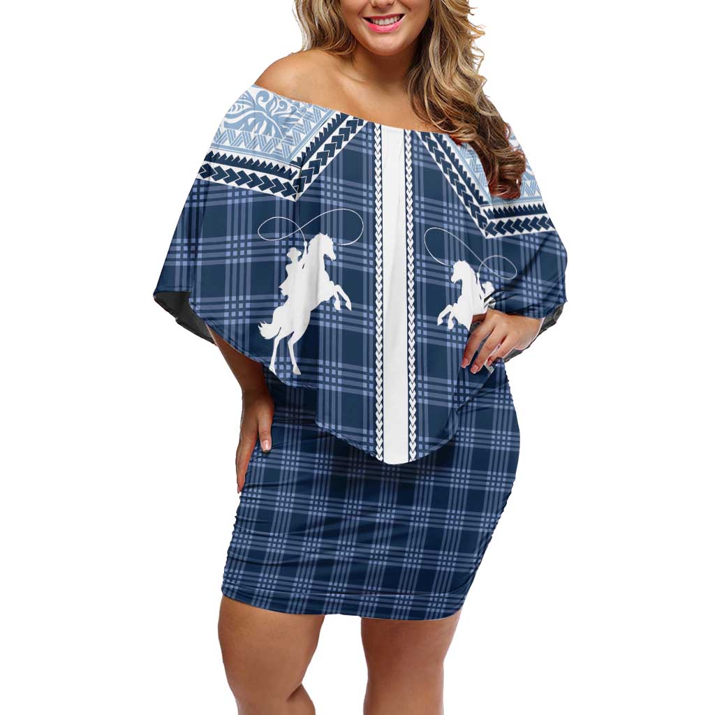 Aloha Hawaii Cowboys Paniolo Family Matching Off Shoulder Short Dress and Hawaiian Shirt Navy Blue Palaka LT7 Mom's Dress Navy - Polynesian Pride